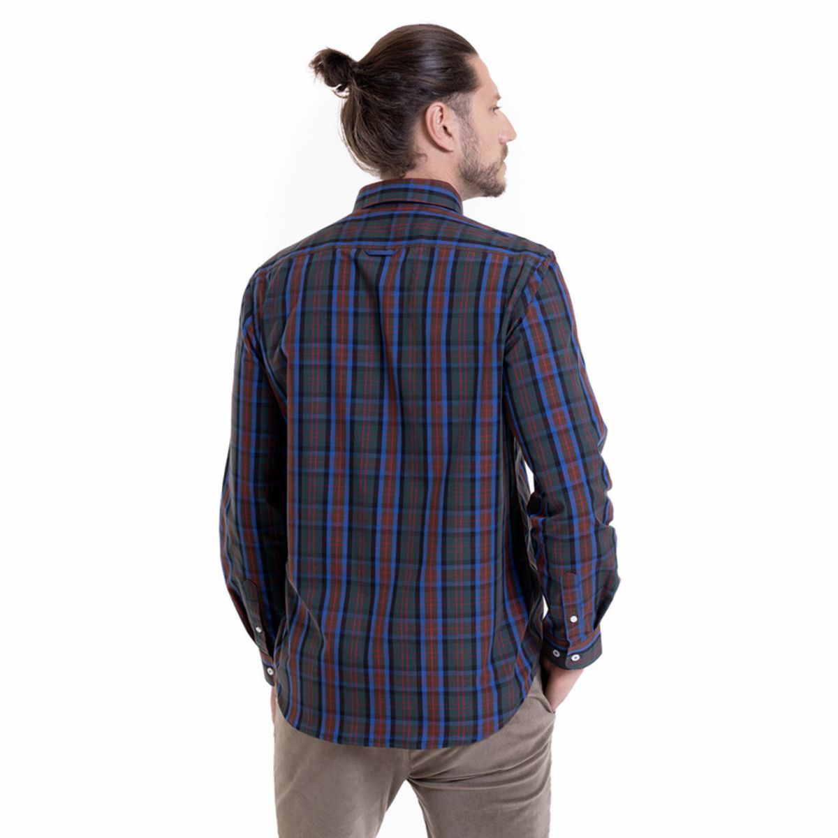 POTROS - Camisa Trevira Fantasía Azul Cuadros Hombre Manga Larga POTROS