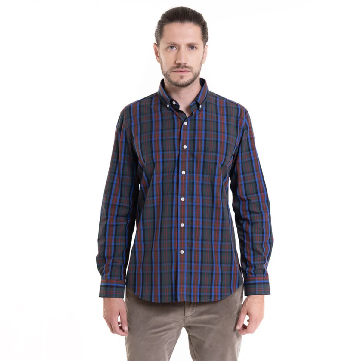 POTROS - Camisa Trevira Fantasía Azul Cuadros Hombre Manga Larga POTROS
