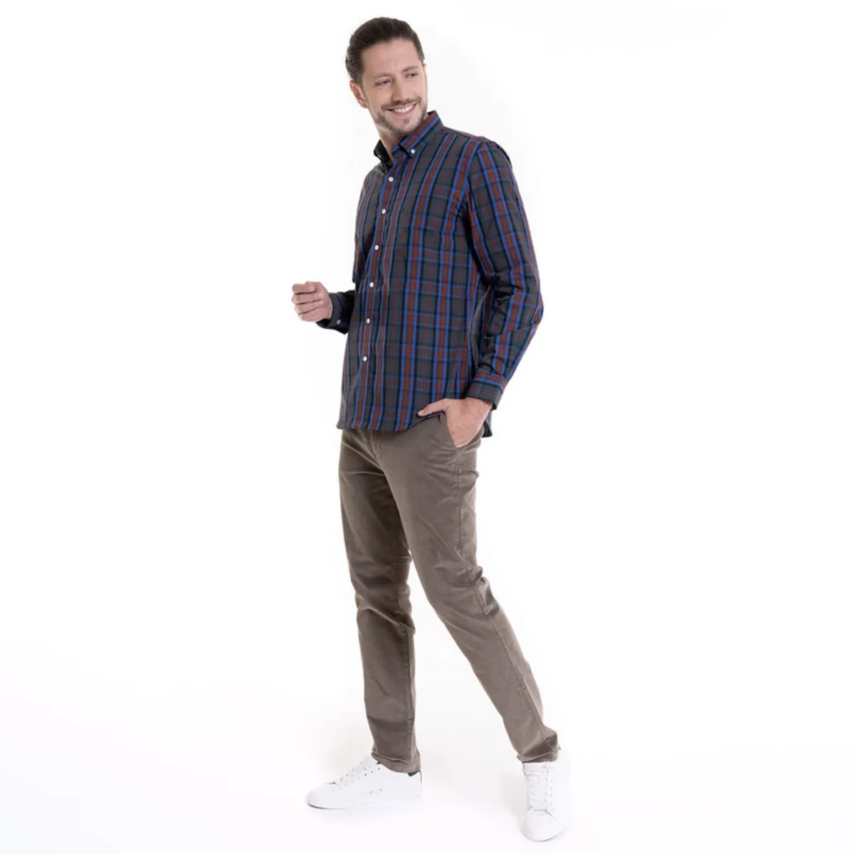 POTROS - Camisa Trevira Fantasía Azul Cuadros Hombre Manga Larga POTROS