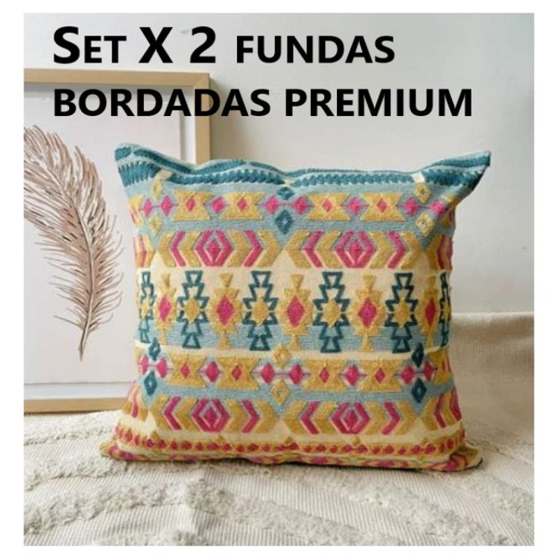 COMPRAPO - Set Pack 2 Fundas de Cojín Bordado Café Turquesa y Fucsia Premium 45x45 cm