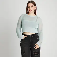 ACUARELA - Sweater Calado De Lurex Con Abertura En Espalda Celeste