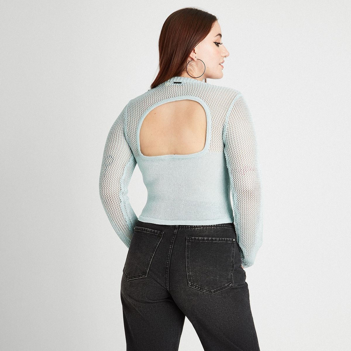 ACUARELA - Sweater Calado De Lurex Con Abertura En Espalda Celeste ACUARELA.