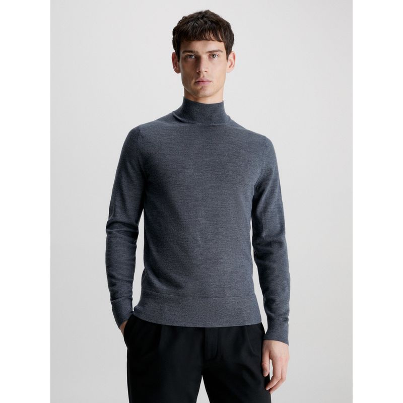 CALVIN KLEIN - Sweater Cuello Alto Merino Mock Gris Calvin Klein.