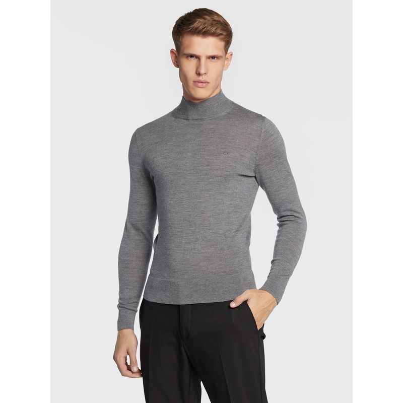 CALVIN KLEIN - Sweater Cuello Alto Merino Mock Gris Calvin Klein