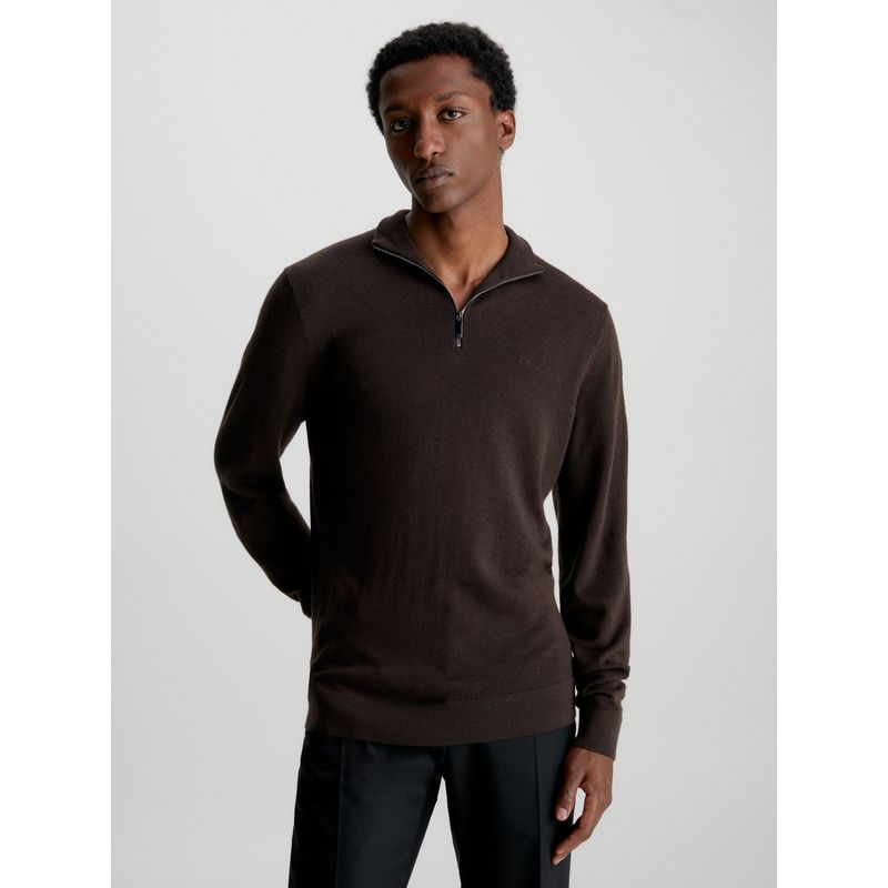 CALVIN KLEIN - Sweater con Cierre Merino Quarter Café Calvin Klein