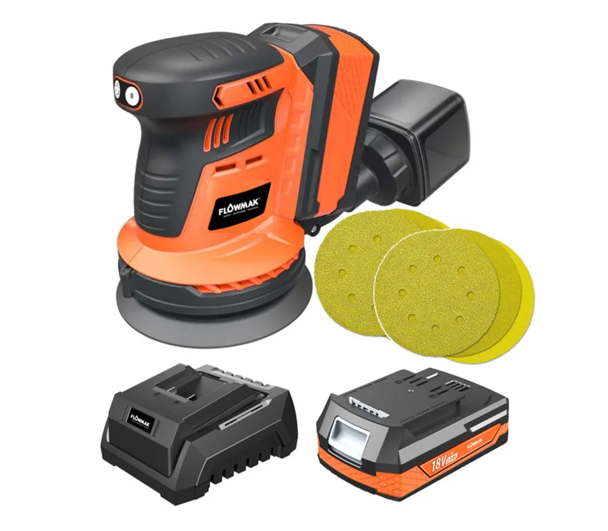 Lijadora Rotorbital inal. 18V con Bateria 2Ah y Cargador + 2set Lijas