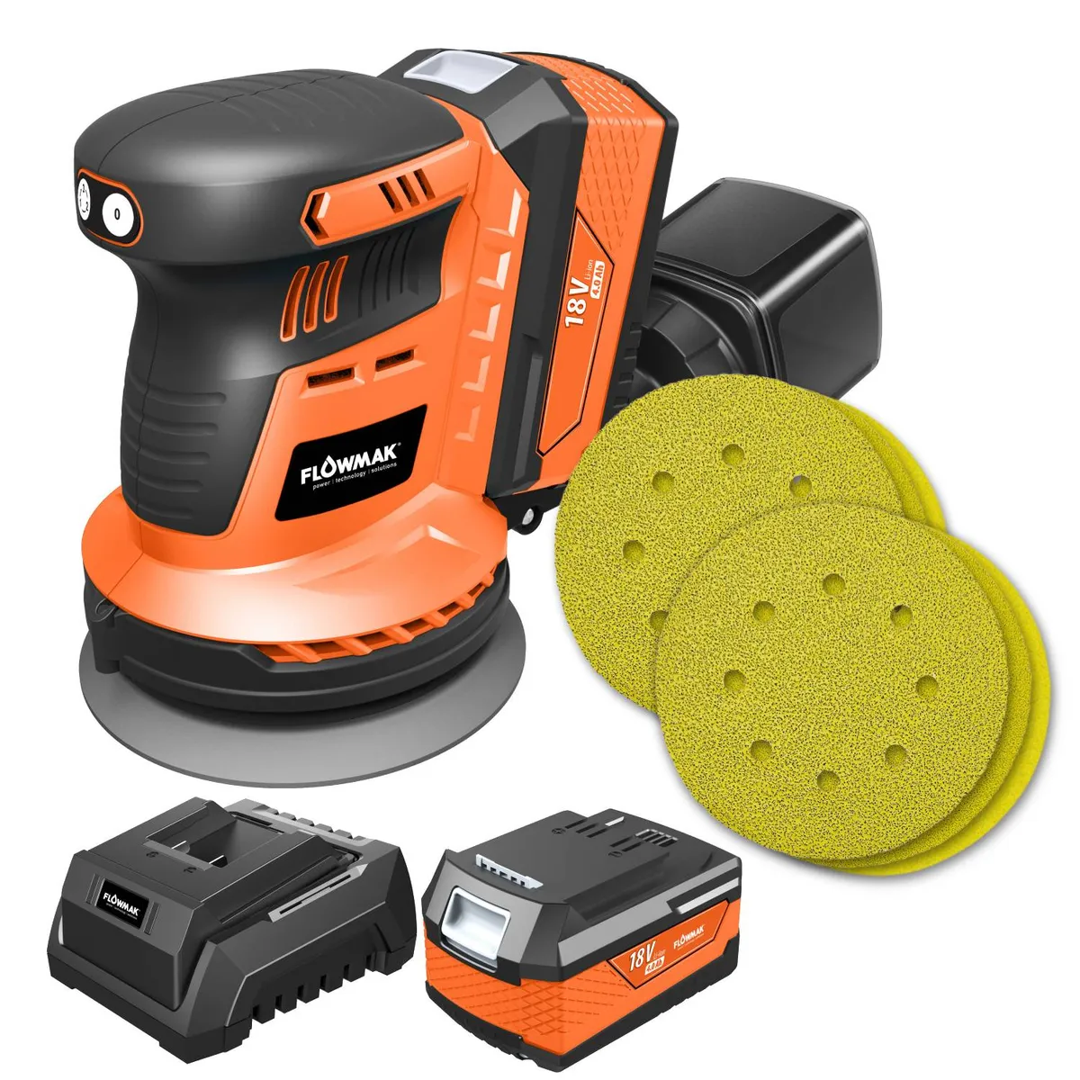 FLOWMAK - Lijadora Rotorbital inalámbrica 2 set de lijas Bat y carg