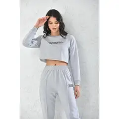 MROTTO - Conjunto Gris Mujer - Poleron Crop Top Manga Larga y Buzo