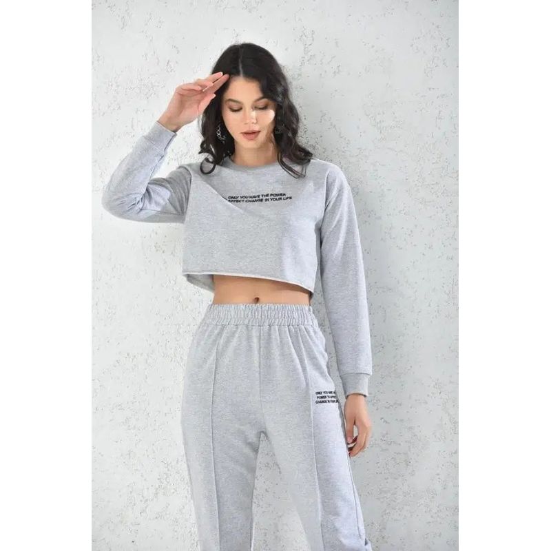 MROTTO - Conjunto Gris Mujer - Poleron Crop Top Manga Larga y Buzo