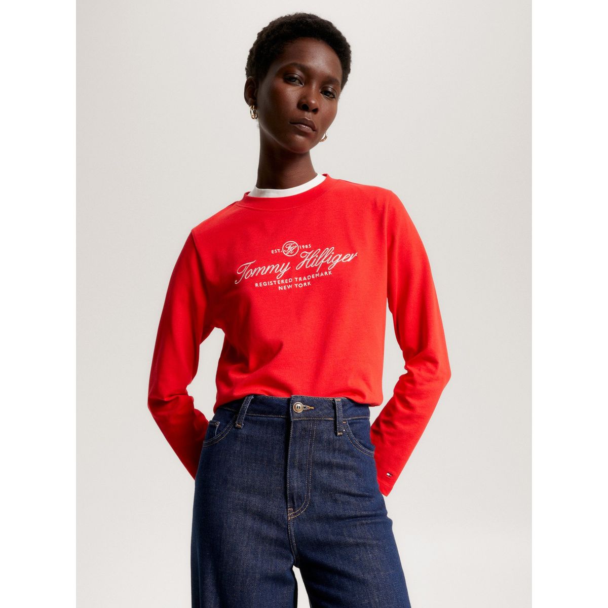 TOMMY HILFIGER - Polera Con Logo Script C-Neck Rojo Tommy Hilfiger