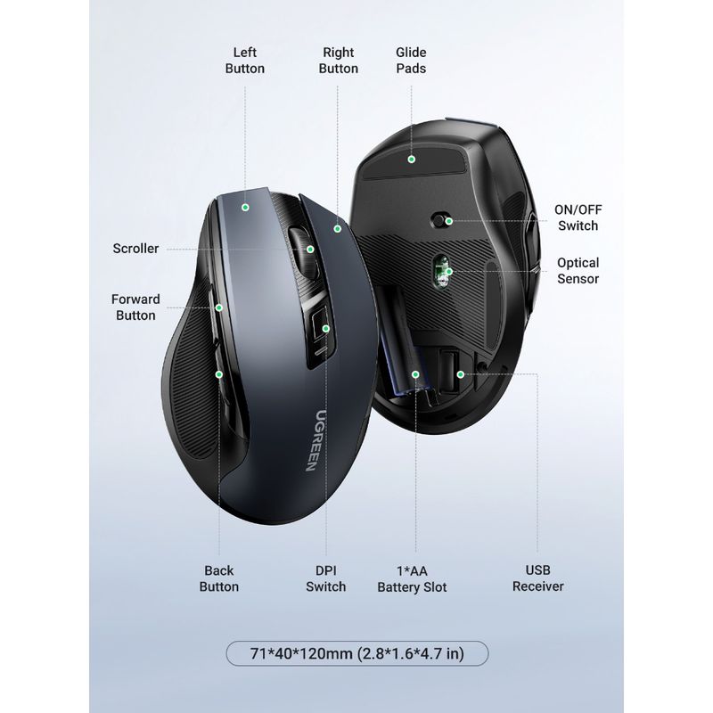 UGREEN - MOUSE INALAMBRICO 24GHZ ERGONOMICO NEGRO UGREEN MU006