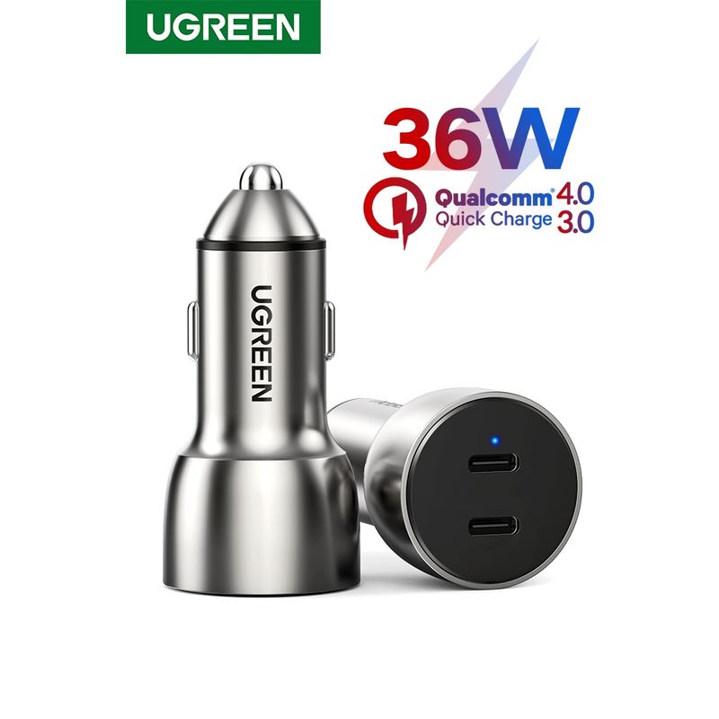 UGREEN - Cargador Automóvil 2USB-C carga rápida Aluminio CD213