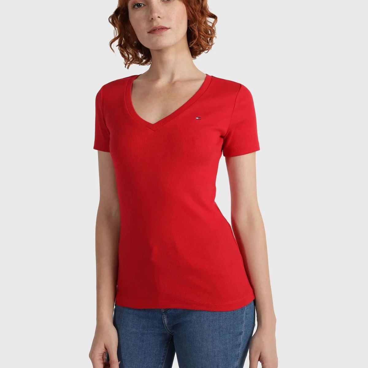 TOMMY HILFIGER - Polera Essential V-Neck Rojo Tommy Hilfiger