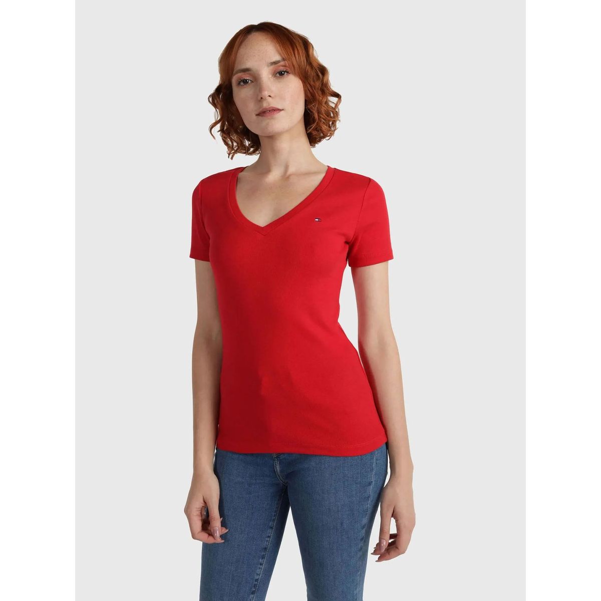 TOMMY HILFIGER - Polera Essential V-Neck Rojo Tommy Hilfiger