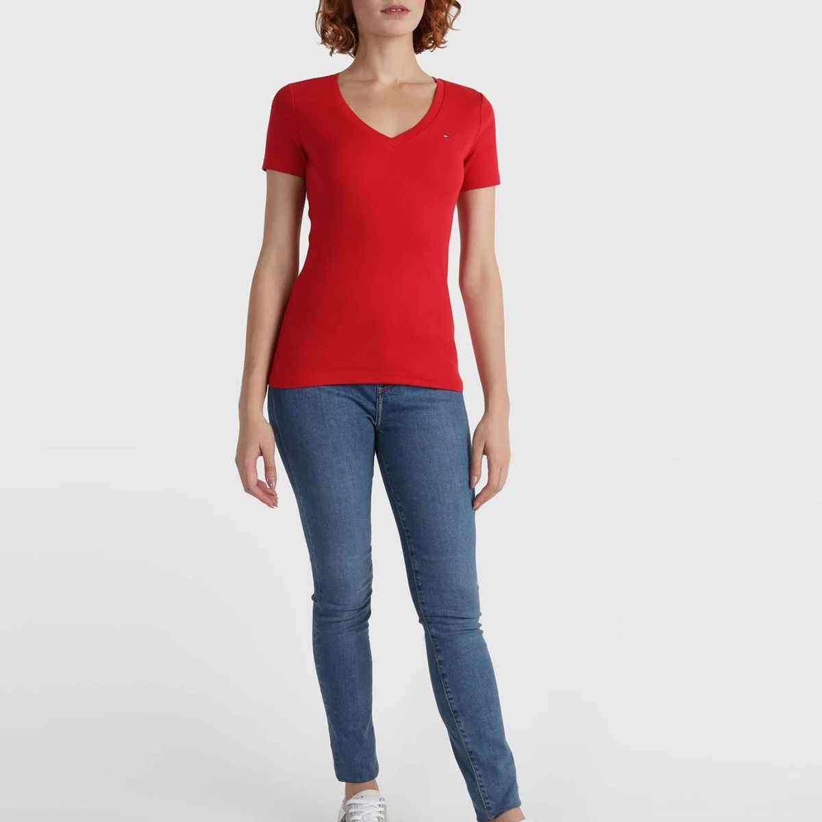 TOMMY HILFIGER - Polera Essential V-Neck Rojo Tommy Hilfiger