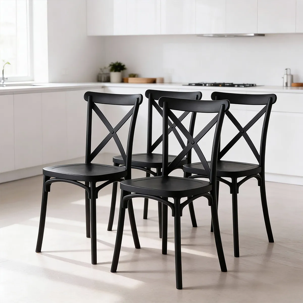 VENHOOUSE - Pack 4 Silla Crossback Para Comedor De Polipropileno Negro