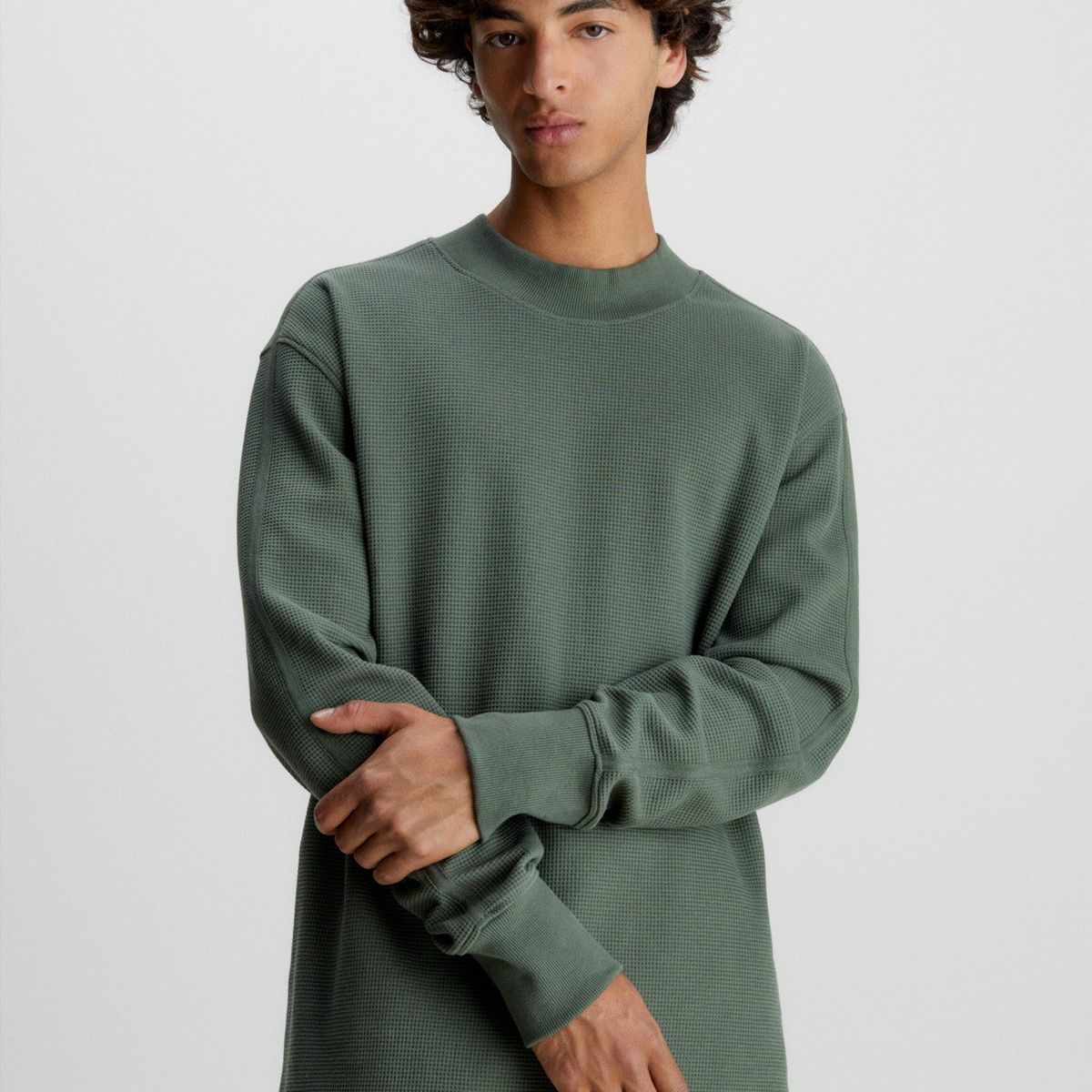 CALVIN KLEIN - Polera Ls Woven Tab Waffle Verde Calvin Klein