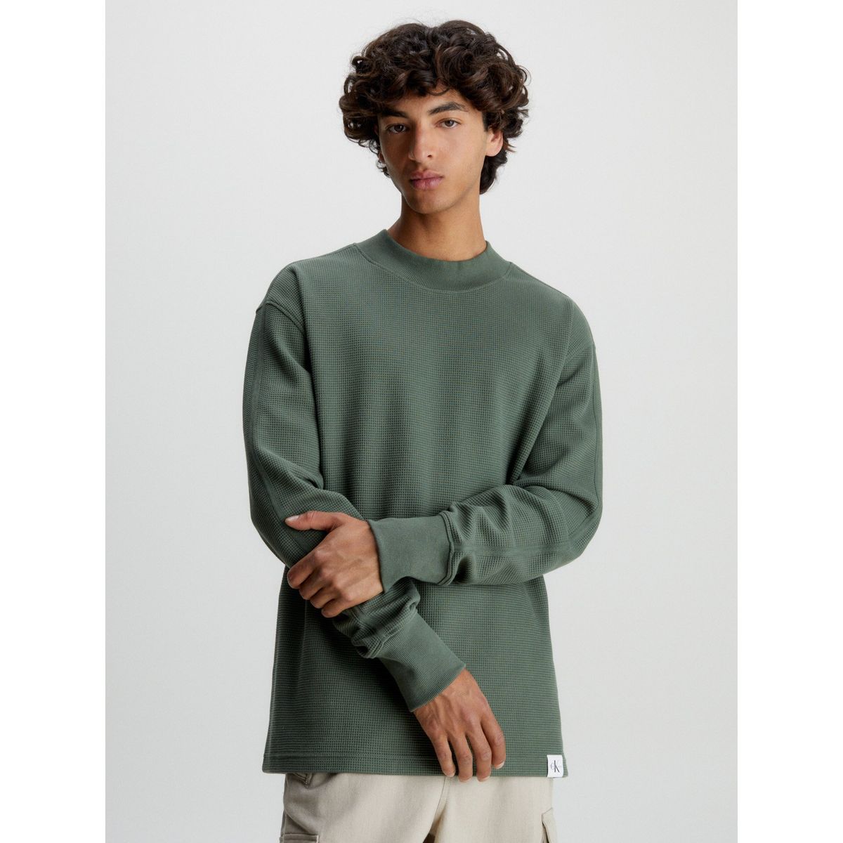 CALVIN KLEIN - Polera Ls Woven Tab Waffle Verde Calvin Klein