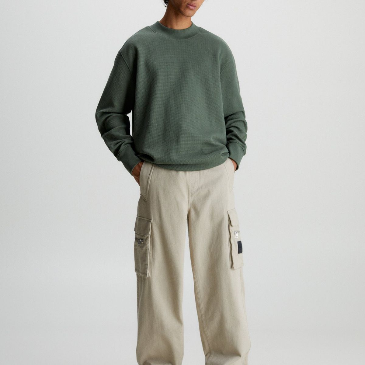 CALVIN KLEIN - Polera Ls Woven Tab Waffle Verde Calvin Klein