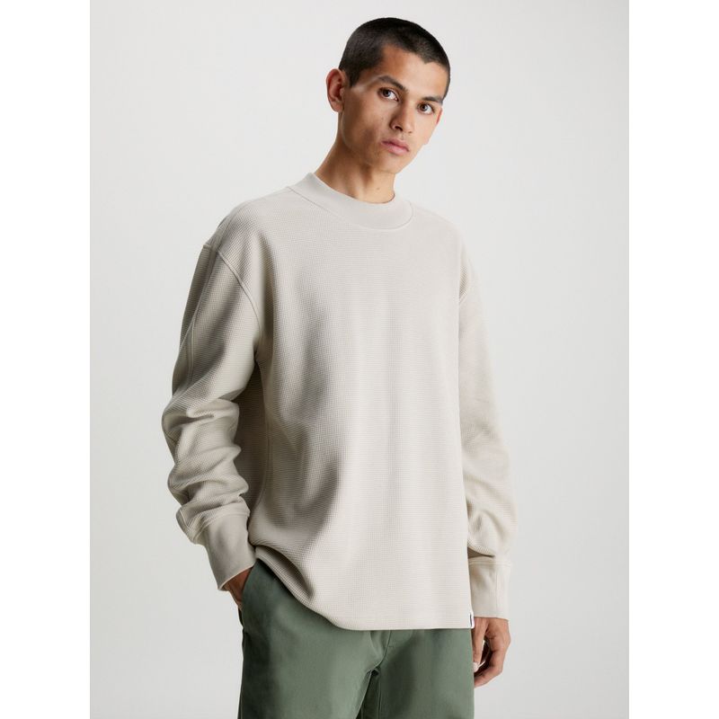 CALVIN KLEIN - Polera Ls Woven Tab Waffle Crema Calvin Klein