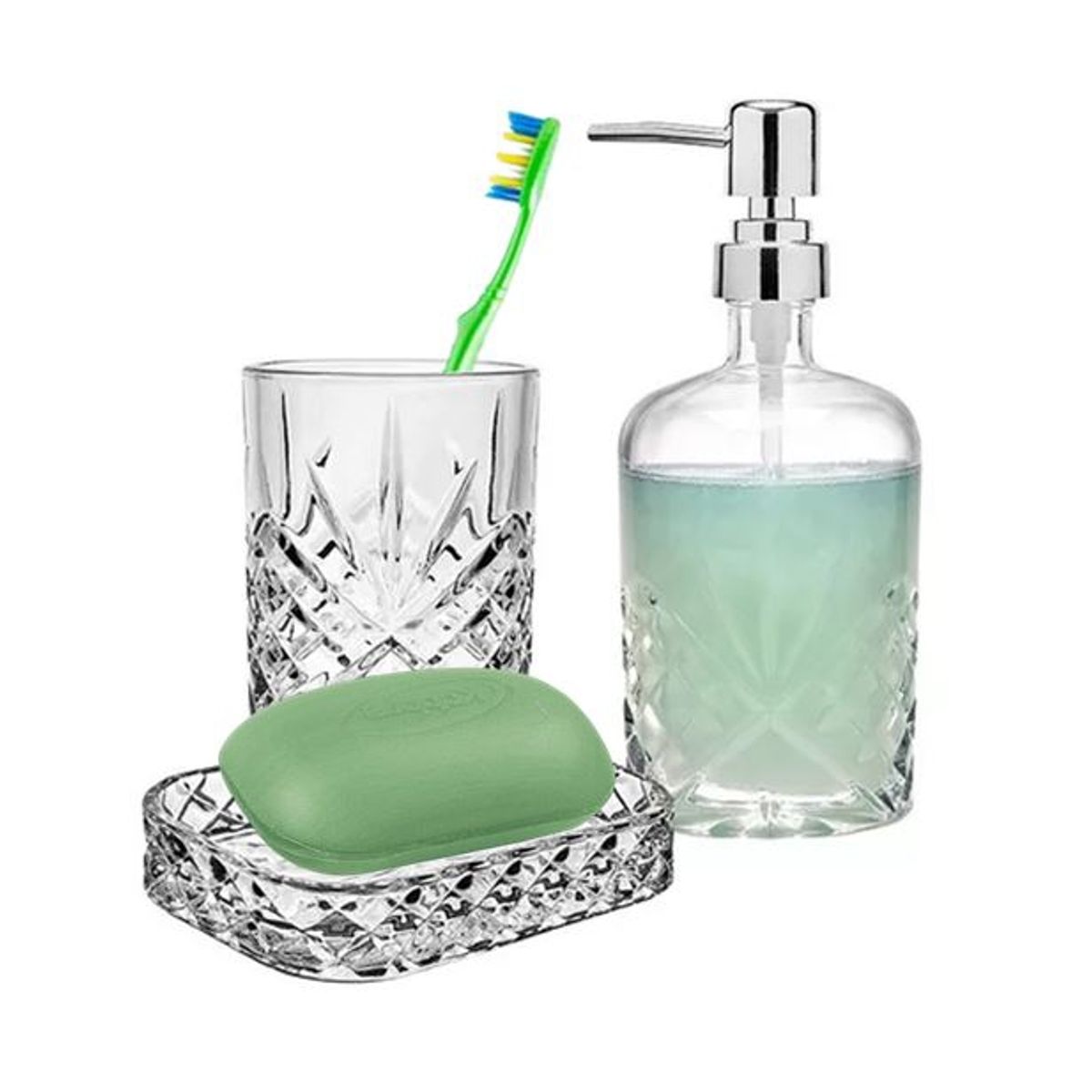 GENERICO - Set 3 Accesorios Baño De Vidrio Dispensador Porta Jabón Vaso