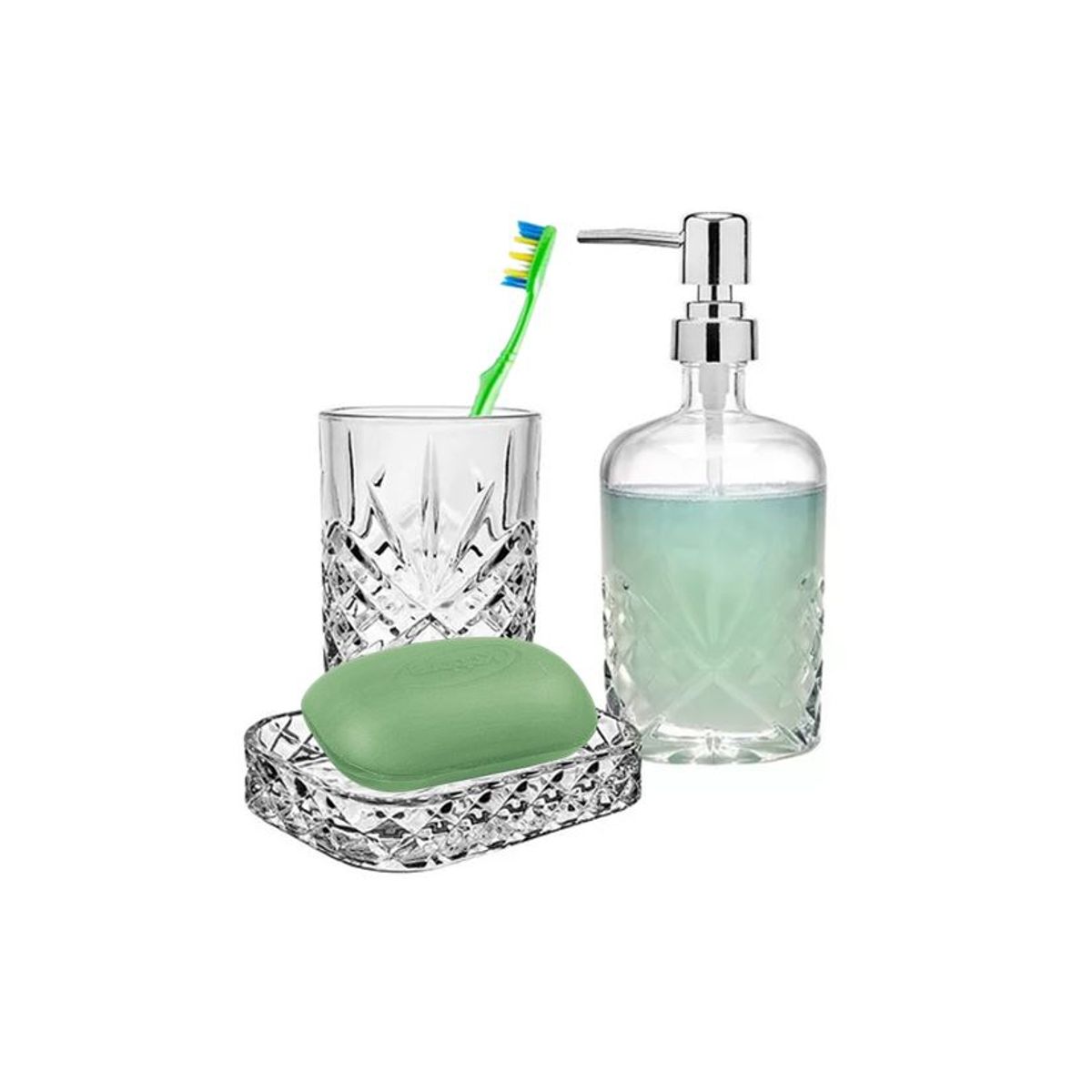 GENERICO - Set 3 Accesorios Baño De Vidrio Dispensador Porta Jabón Vaso