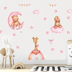 MY MOMI - Sticker de Pared Infantil Sweet Pink Animals - Vinilo Decorativo 90x30cm Estilo Acuarela