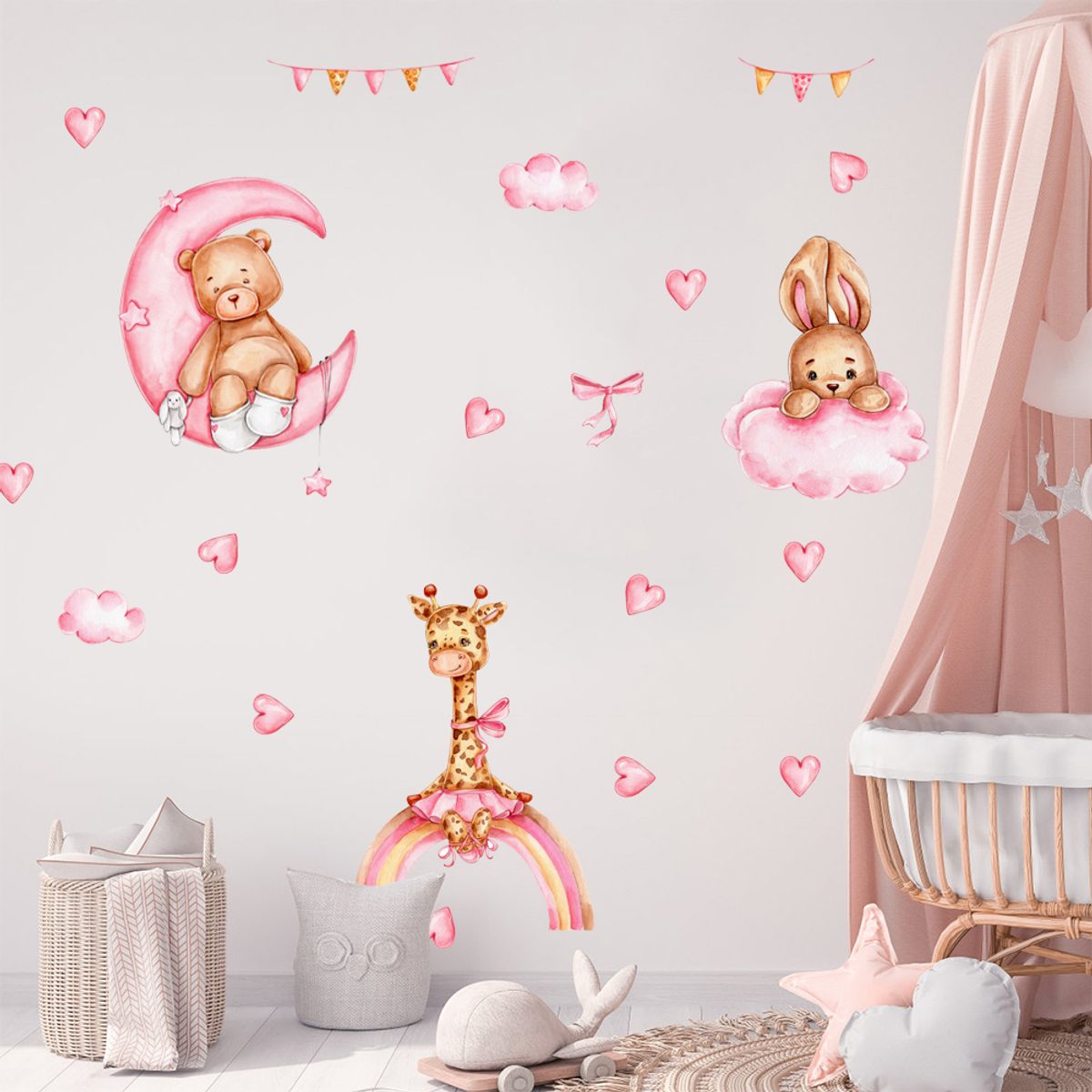MY MOMI - Sticker de Pared Infantil Sweet Pink Animals - Vinilo Decorativo 90x30cm Estilo Acuarela
