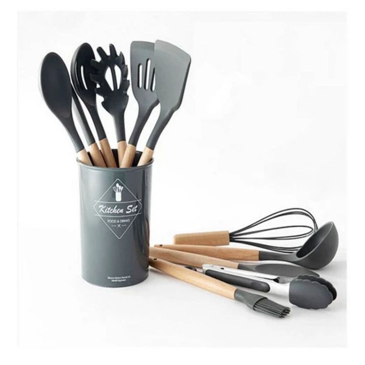 GENERICO - SET 12 UTENSILIOS DE COCINA SILICONA GRIS