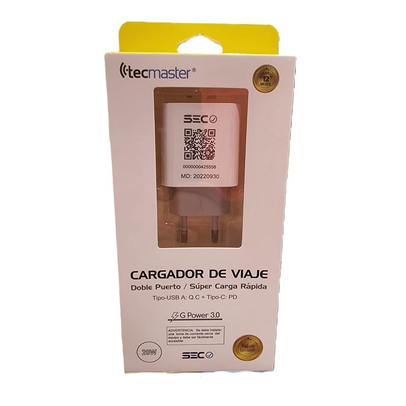 TECMASTER - CARGADOR RAPIDO 20W TIPO C Y TIPO A