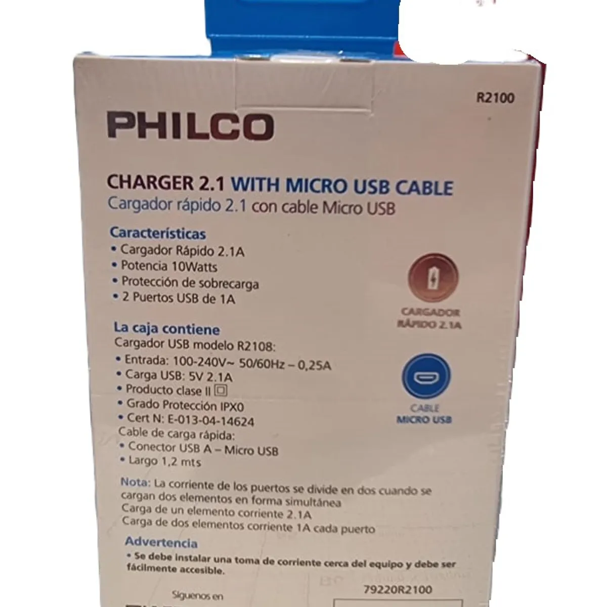 GENERICO - CARGADOR PHILCO MICRO USB CARGA RAPIDA