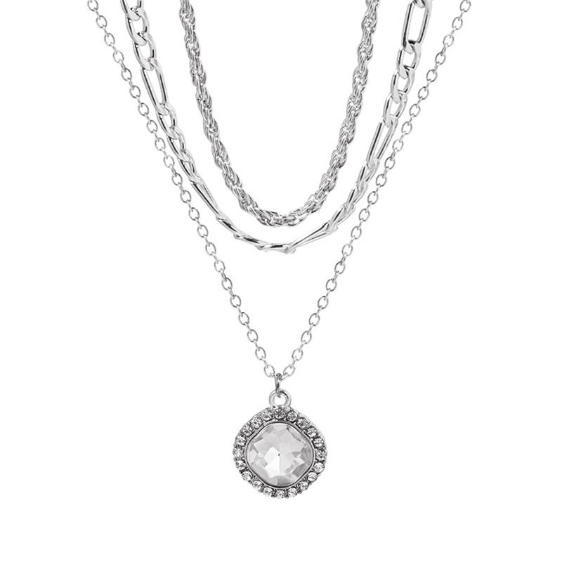 VATYERTY - Collar a capas con diamante de imitación cuadrado accesorio plata