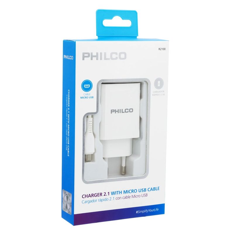 PHILCO - Cargador Philco De Pared Con Cable Micro Usb 2.1 a