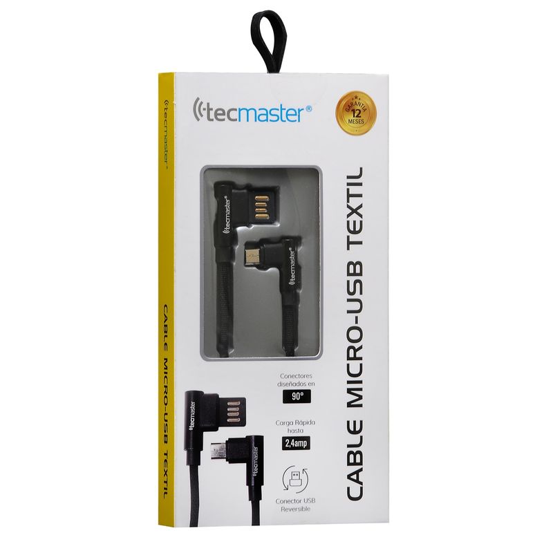 TECMASTER - CABLE MICRO USB TECMASTER REVERSIBLE 90° 2.4A 1 METRO TM-CB-MU90BK