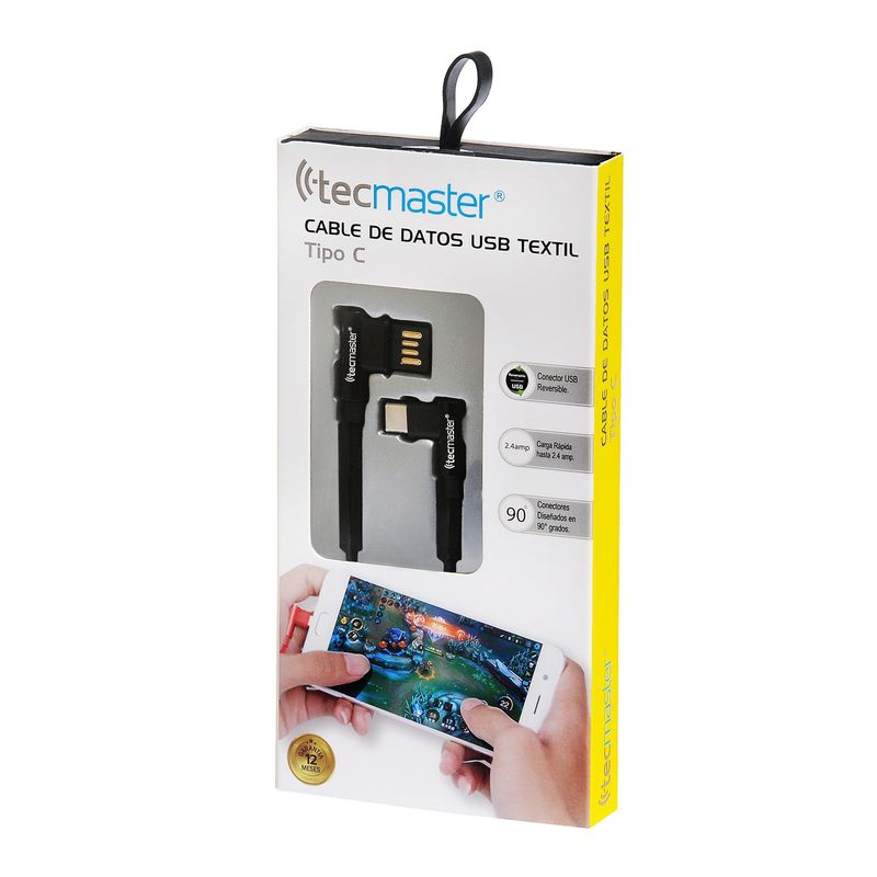 TECMASTER - CABLE TIPO-C TECMASTER REVERSIBLE 90° 2.4A 1 METRO TM-CB-TC90BK