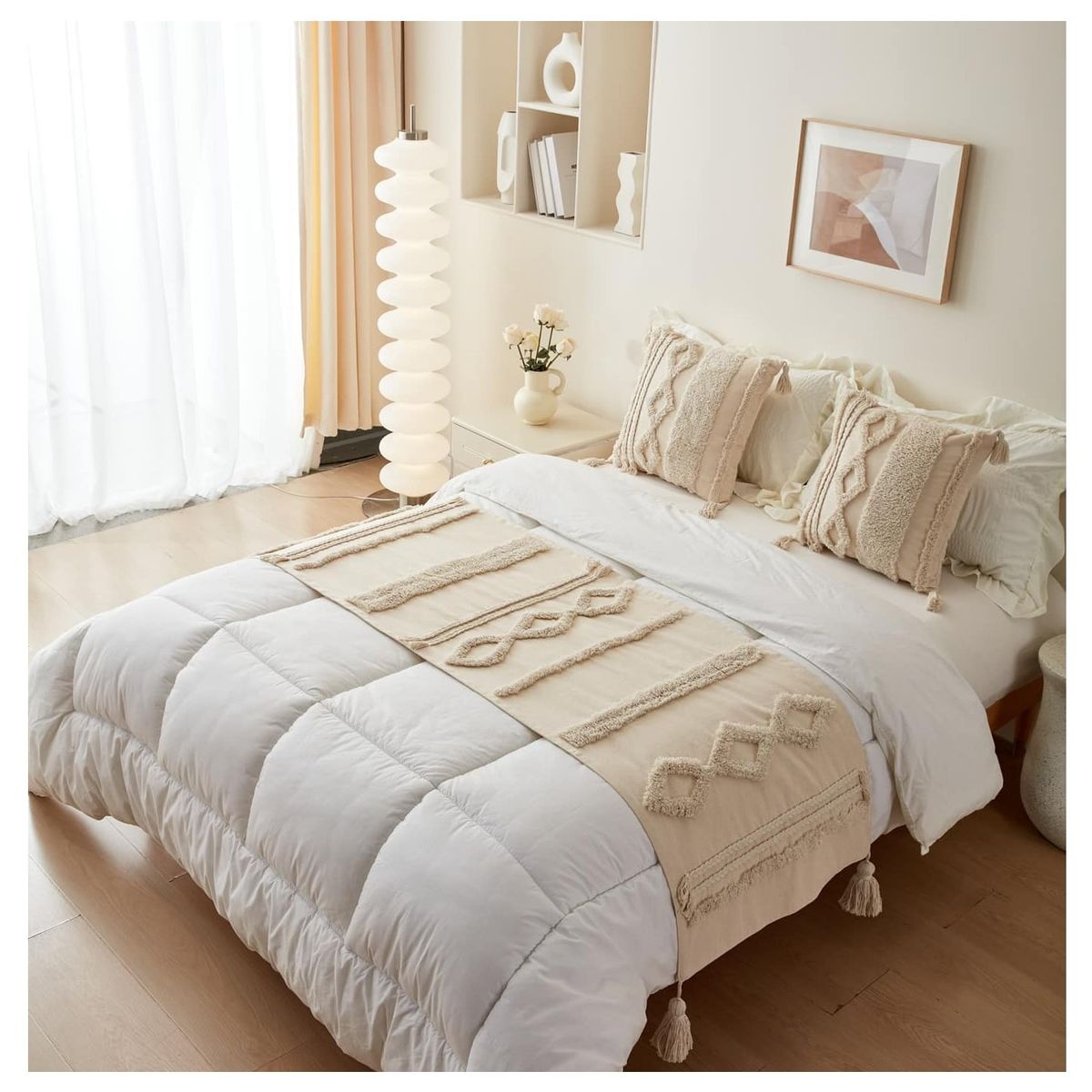 COMPRAPO - Set Piecera + 2 Fundas Crudo Hippie Chic Lino Borlas King 2 Pzas