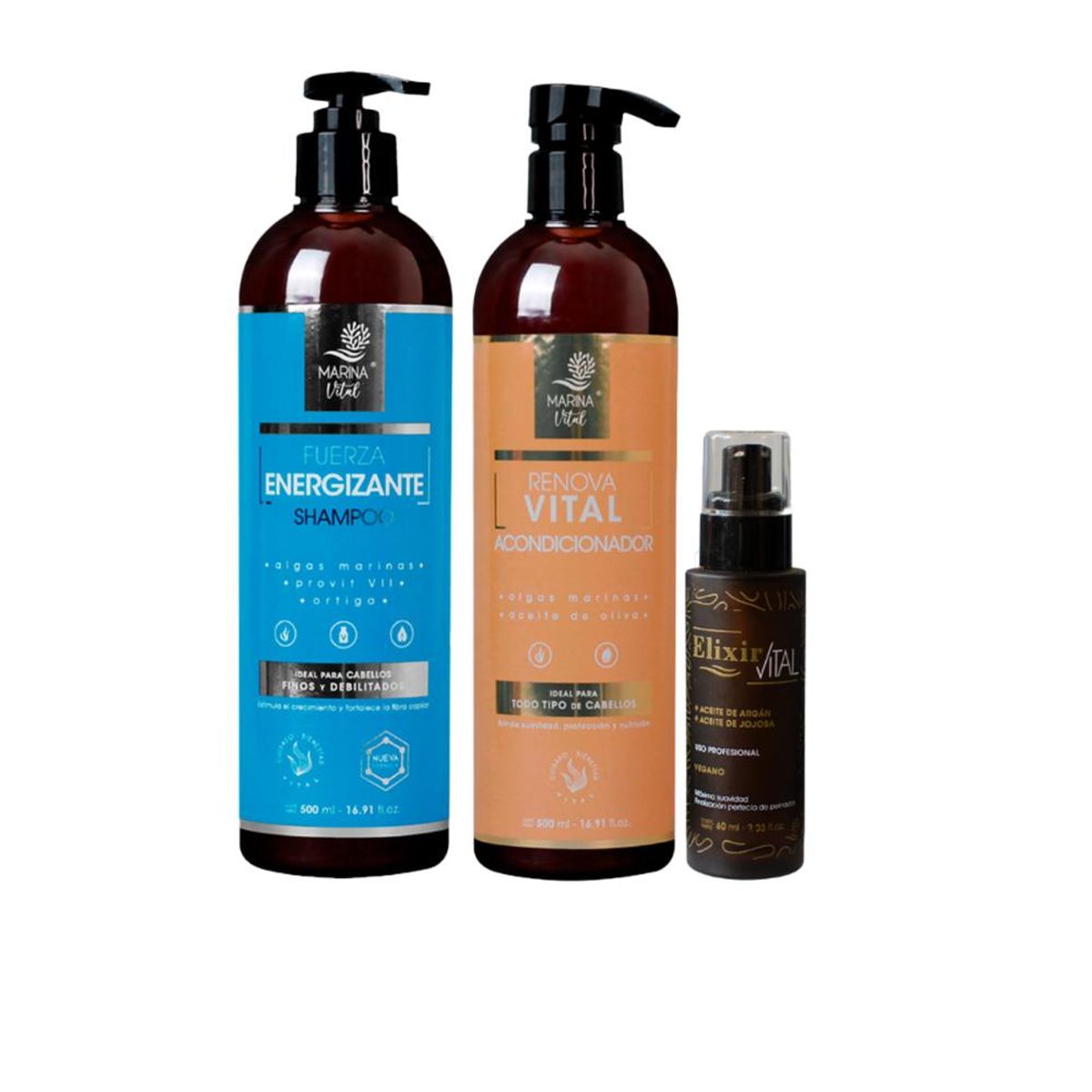 MARINA VITAL - Shampoo Fuerza Energizante  Acondicionador y serum Elixir MARINA VITAL.