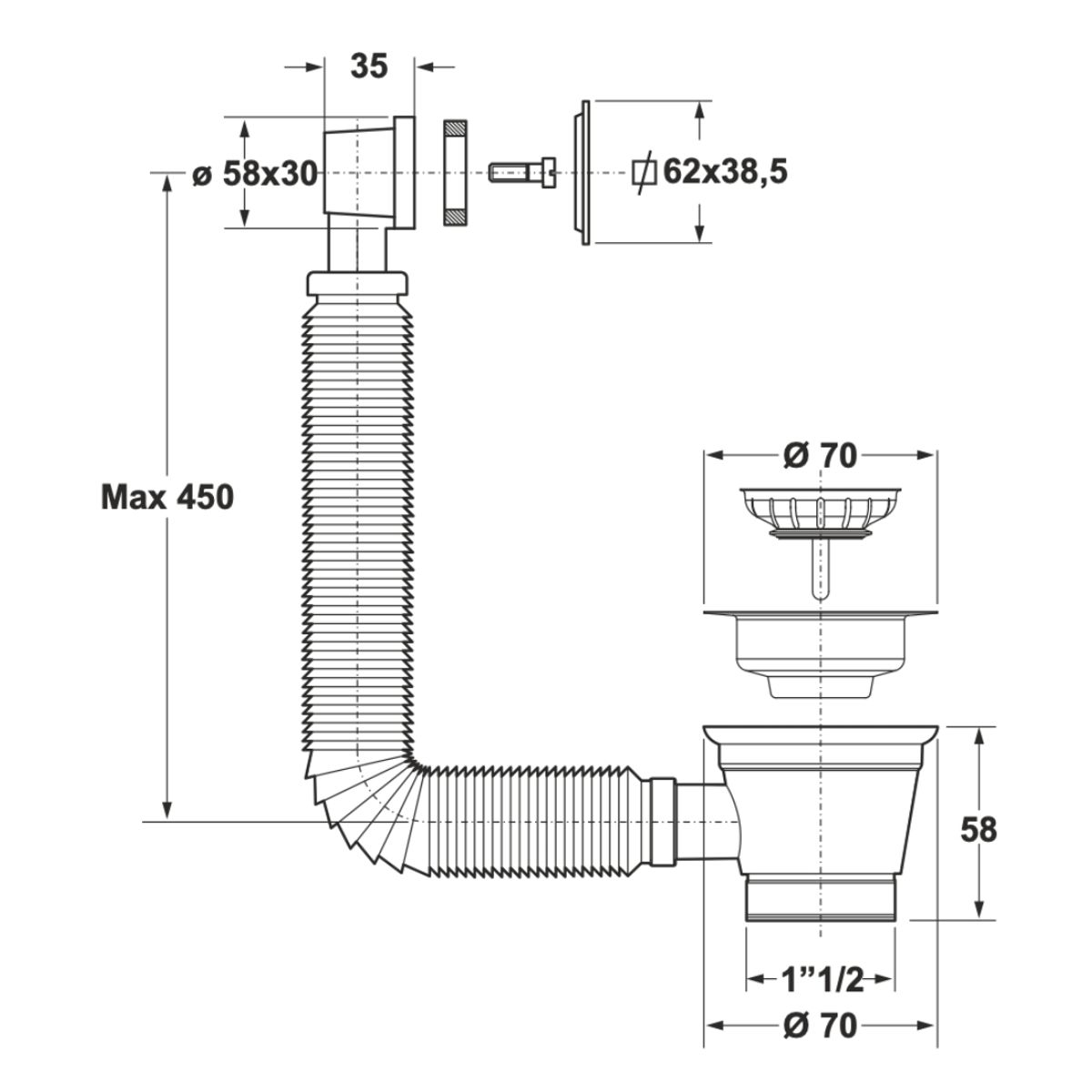 GENERICO - DESAGÜE LAVAPLATOS 70MM CREBALSE REJILLA RECTANGULAR