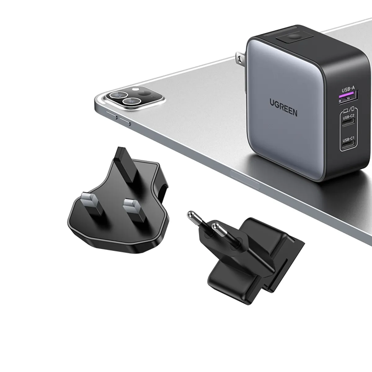 UGREEN - Cargador 65W NEXODE 2 USB-C /1 USB-A Con US/UK/EU Plug para viajar