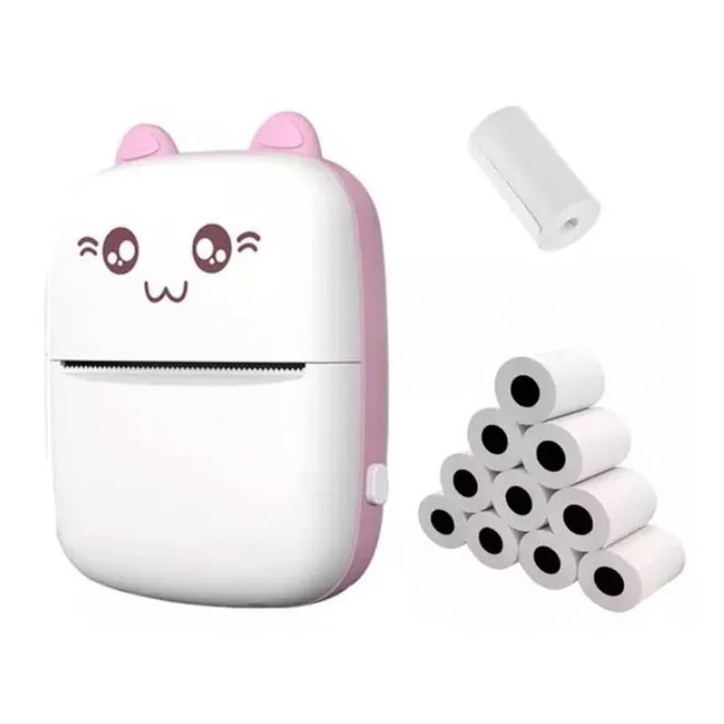 GENERICO - Mini Impresora Térmica Portátil Bluetooth Gatito + 11 Rollos rosado