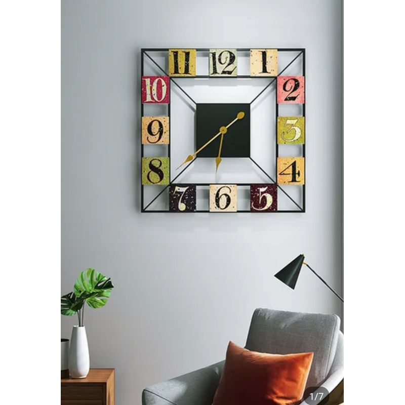 GENERICO - RELOJ MURAL CUADRADO VINTAGE EN METAL CON NUMEROS COLORES 60 CM