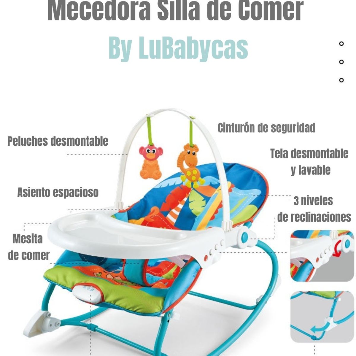 LUBABYCAS - Mecedora Silla de Comer 2 en 1 Vibración Azul LuBabycas
