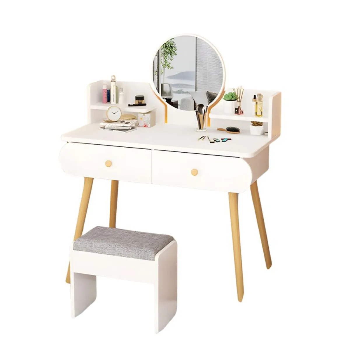 GENERICO - Mesa De Noche Tocador De Madera 2 Cajones Espejo Led y  Banco touch