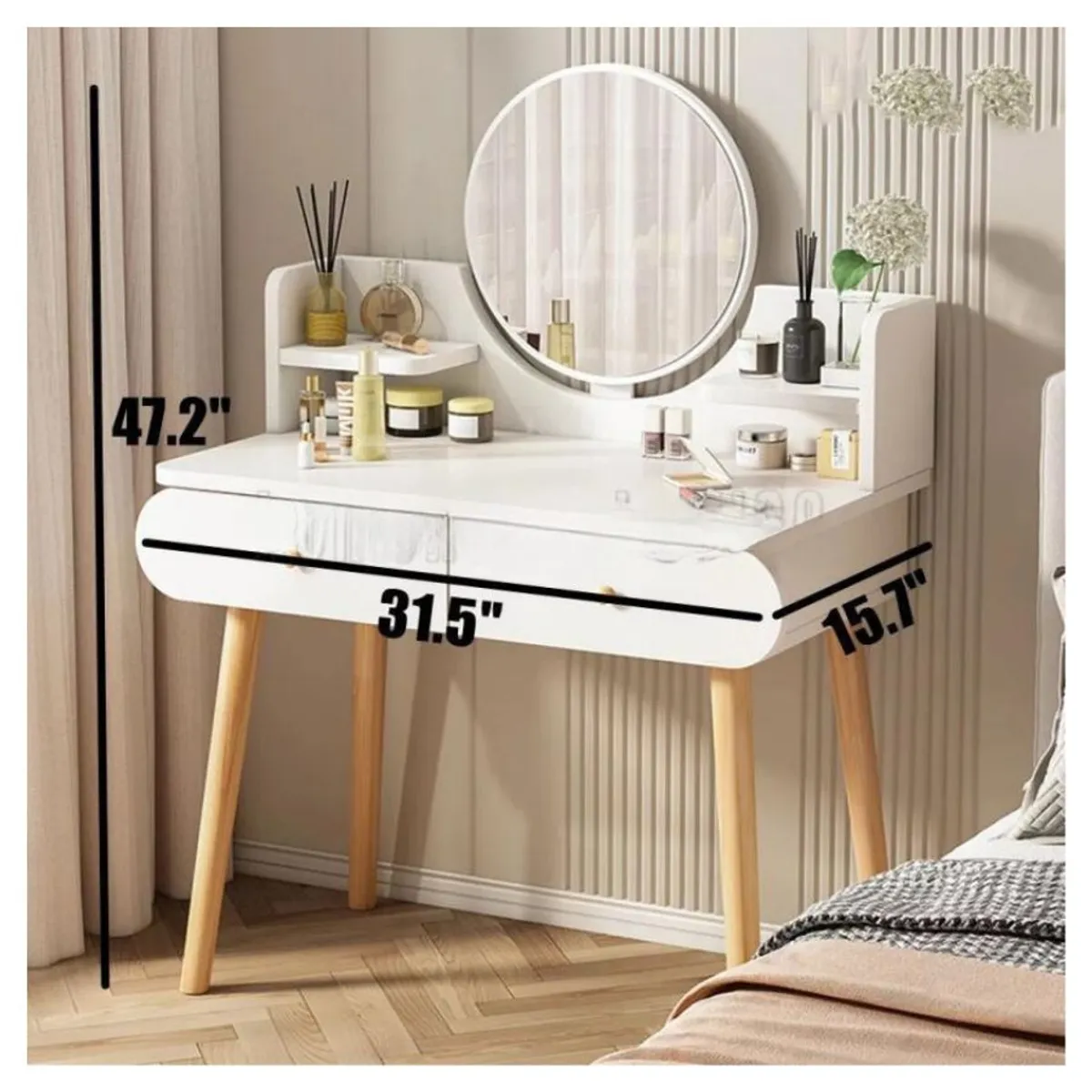 GENERICO - Mesa De Noche Tocador De Madera 2 Cajones Espejo Led y  Banco touch