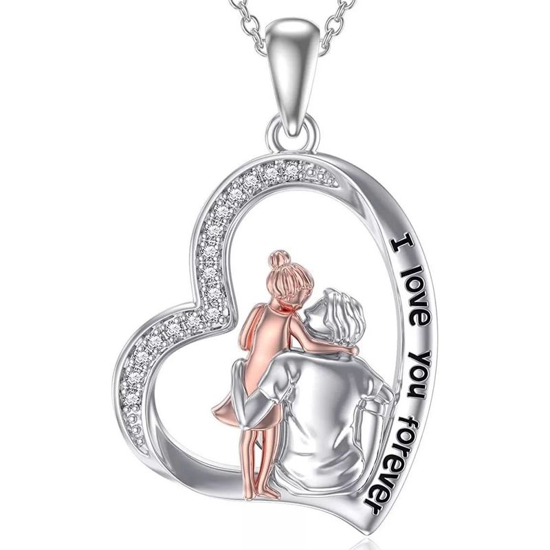 KUANGYE - Collar Corazon Papa Y Hija Bañado en plata Regalo Mujer Joyas