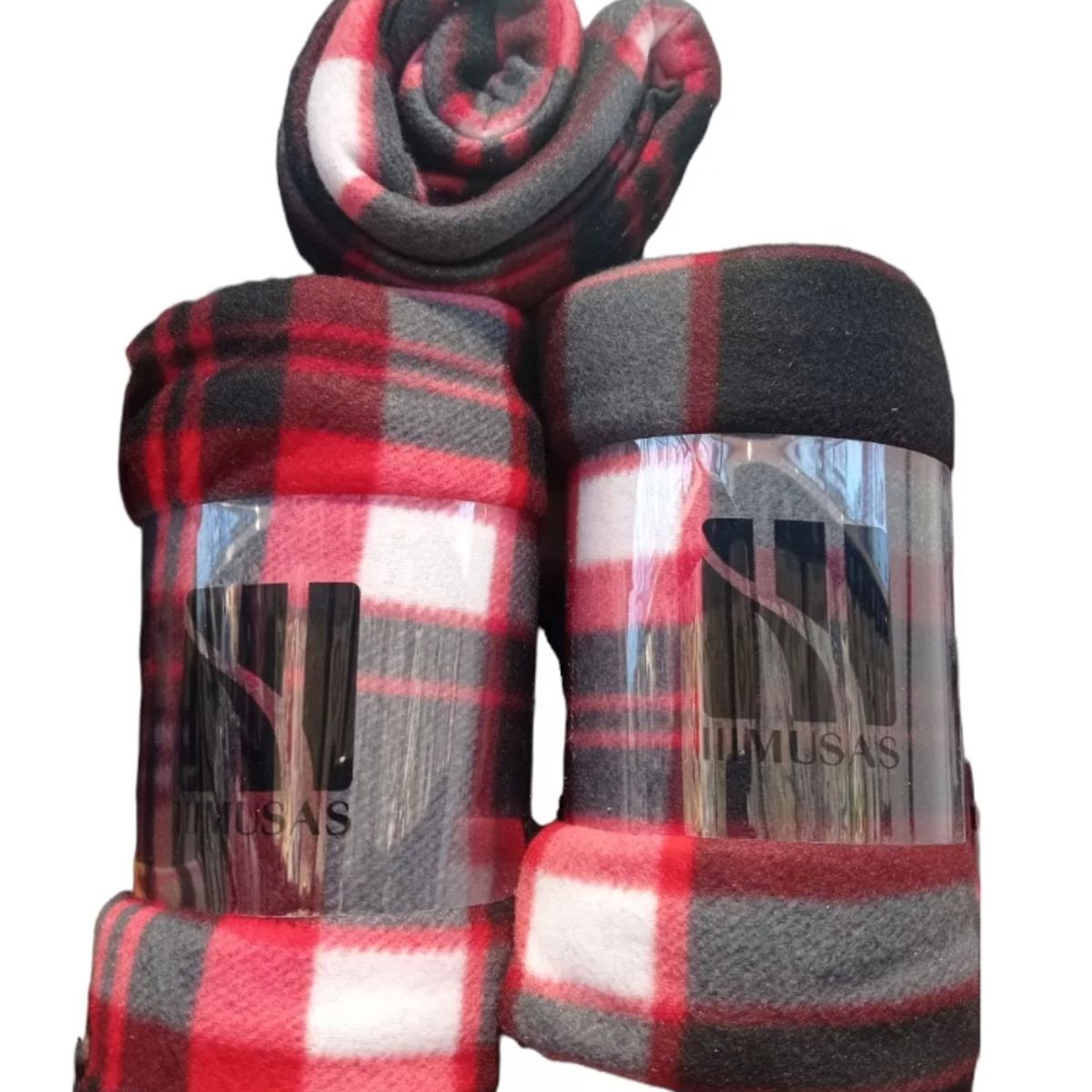 GENERICO - Frazada 2 Plazas  cuadrillé gris-rojo-negro
