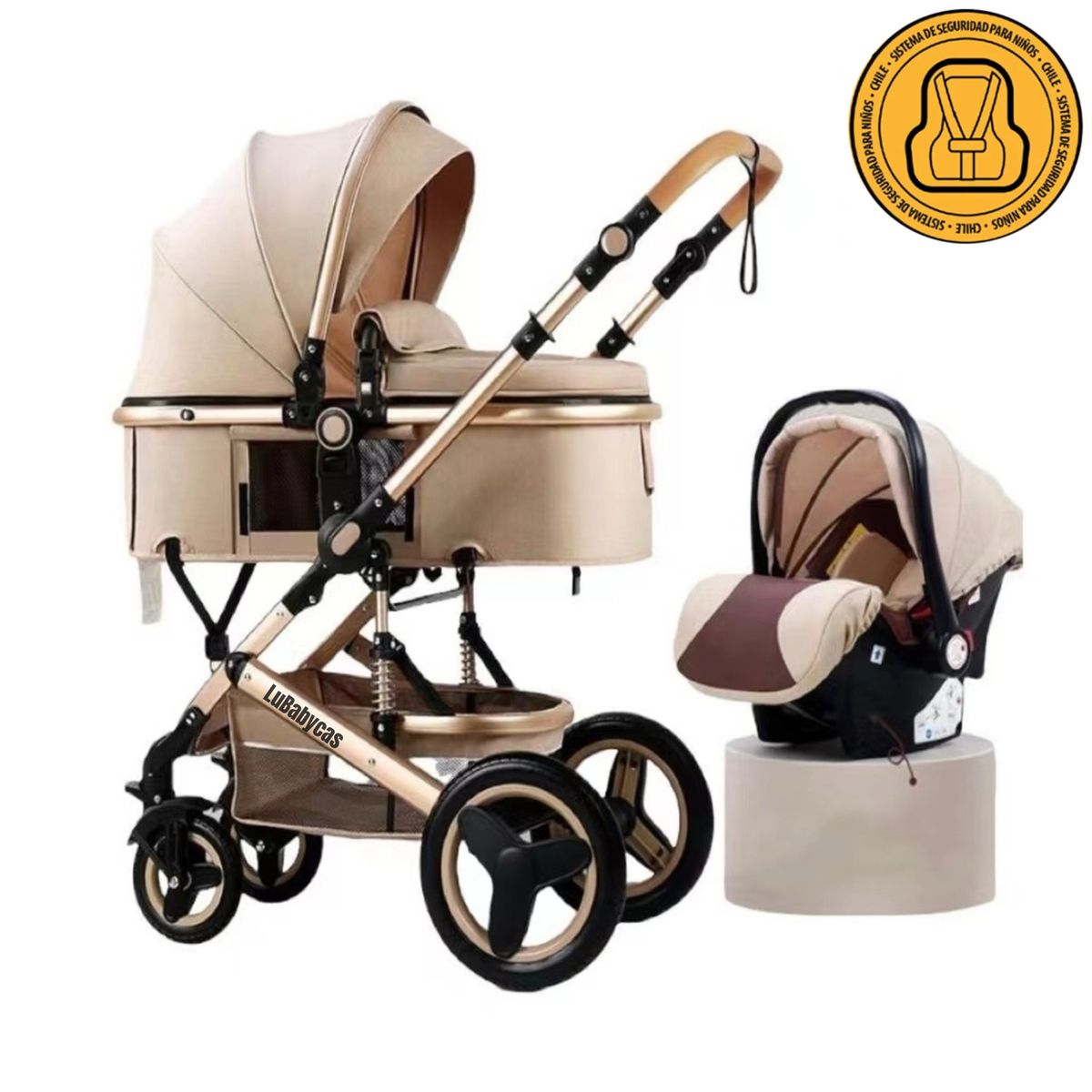 LUBABYCAS - Coche Travel System Con Accesorios Dorado LuBabycas