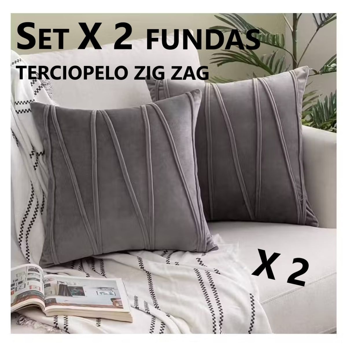 COMPRAPO - Set X 2 Fundas para Cojín Terciopelo Zig Zag Gris 45x45 Cm