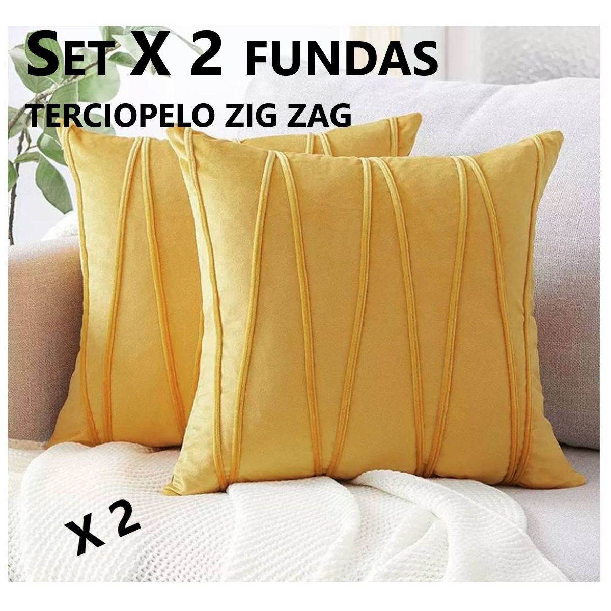 COMPRAPO - Set X 2 Fundas para Cojín Terciopelo Zig Zag Mostaza 45x45 Cm.