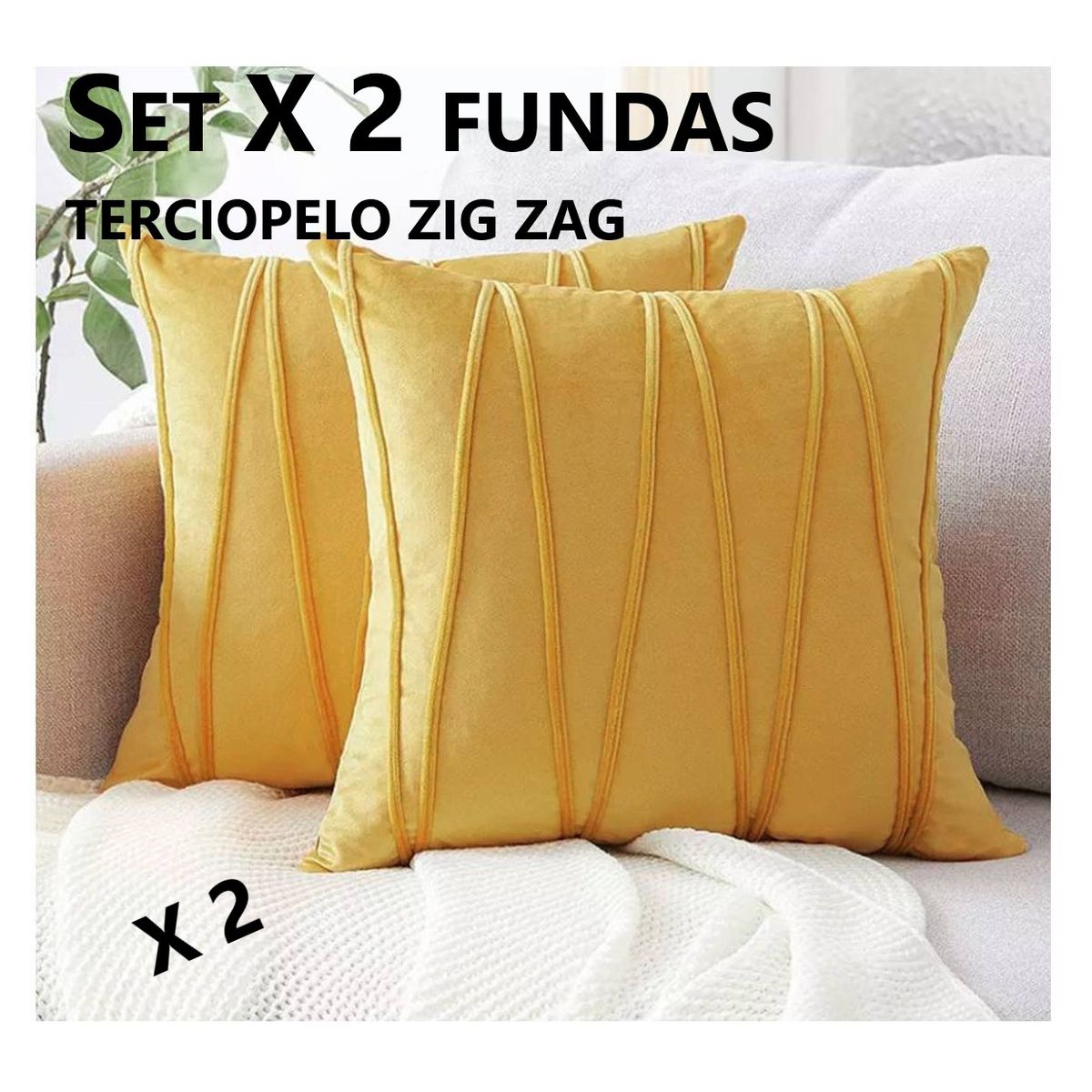 COMPRAPO - Set X 2 Fundas para Cojín Terciopelo Zig Zag Mostaza 45x45 Cm.